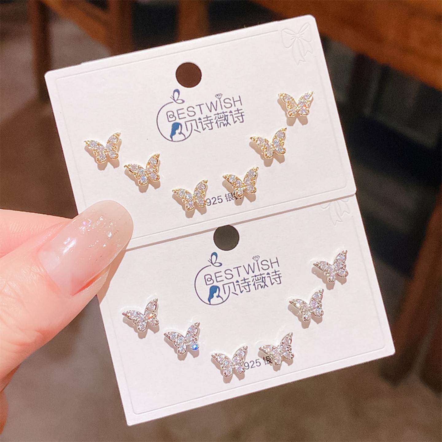 新设计性感蝴蝶造型简约锆石三对装耳钉 韩版银针高级感6件套耳钉