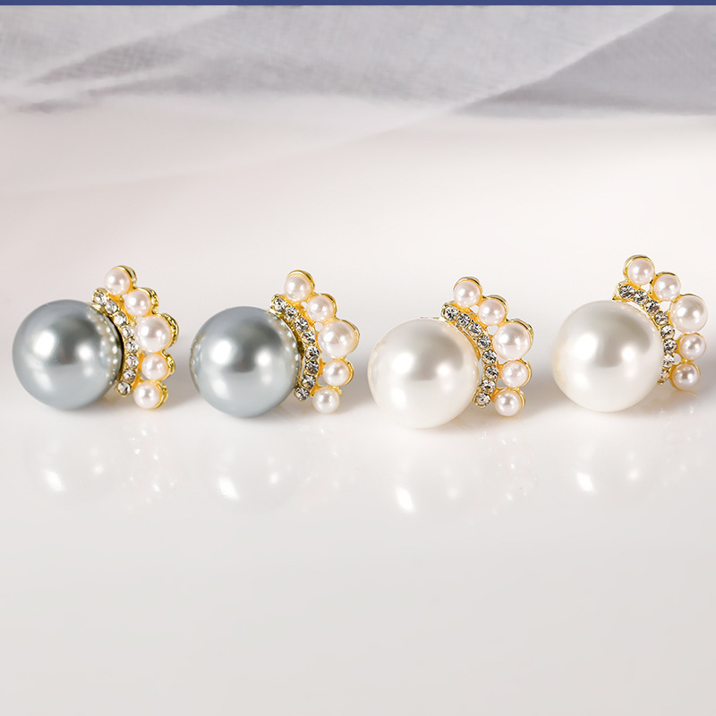 日韩轻奢镶钻珍珠耳钉女设计感简约时尚耳环皇冠造型银针气质耳饰