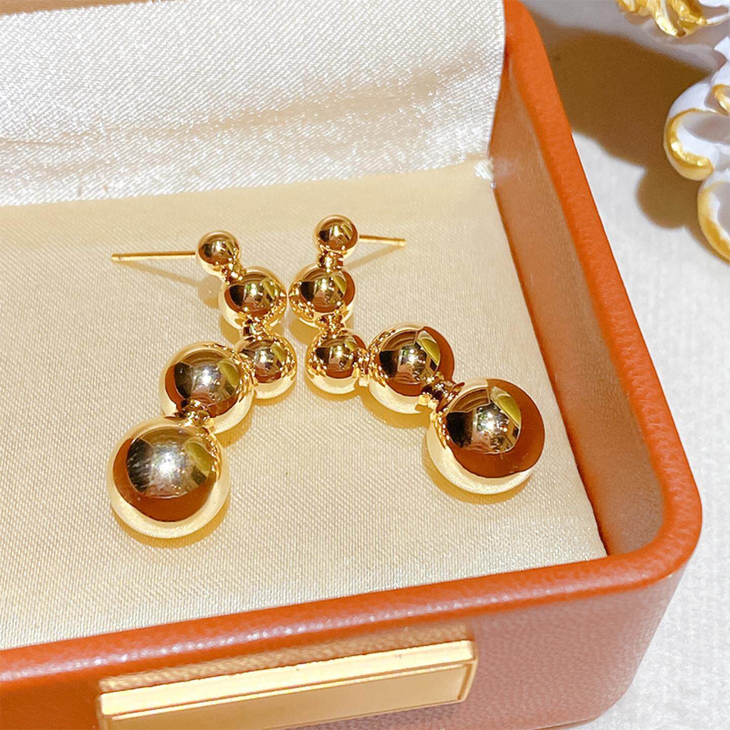 日韩风时尚个性镜面金属球球耳坠优雅简约亮面网红百搭银针耳环女