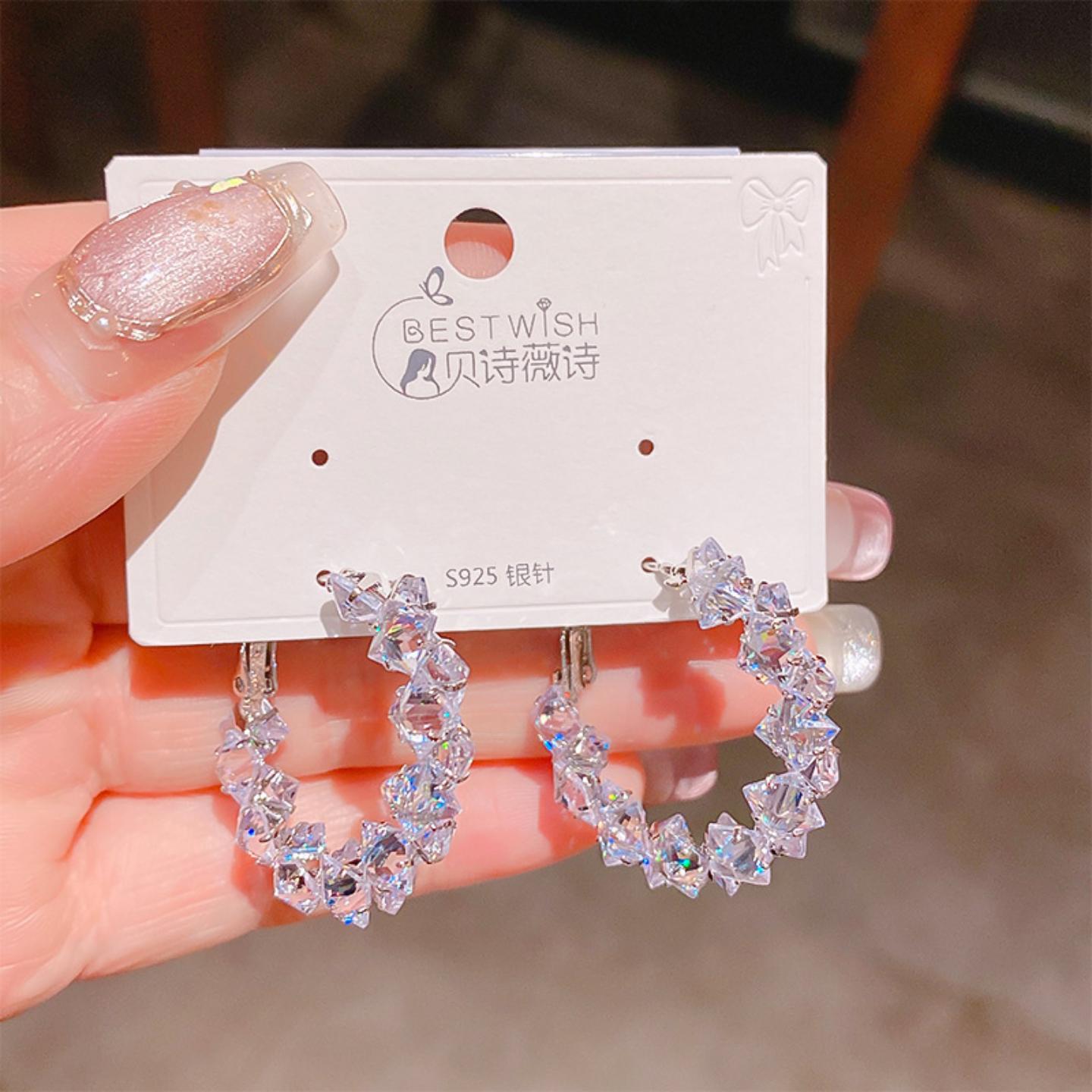 韩版精致几何碎银锆石耳圈耳环