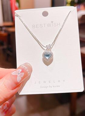 【厚银电镀】天蓝色锆石爱心项链