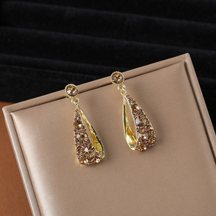 超闪满钻金色银针耳环女名媛气质水滴耳坠法式复古风奢华优雅耳环