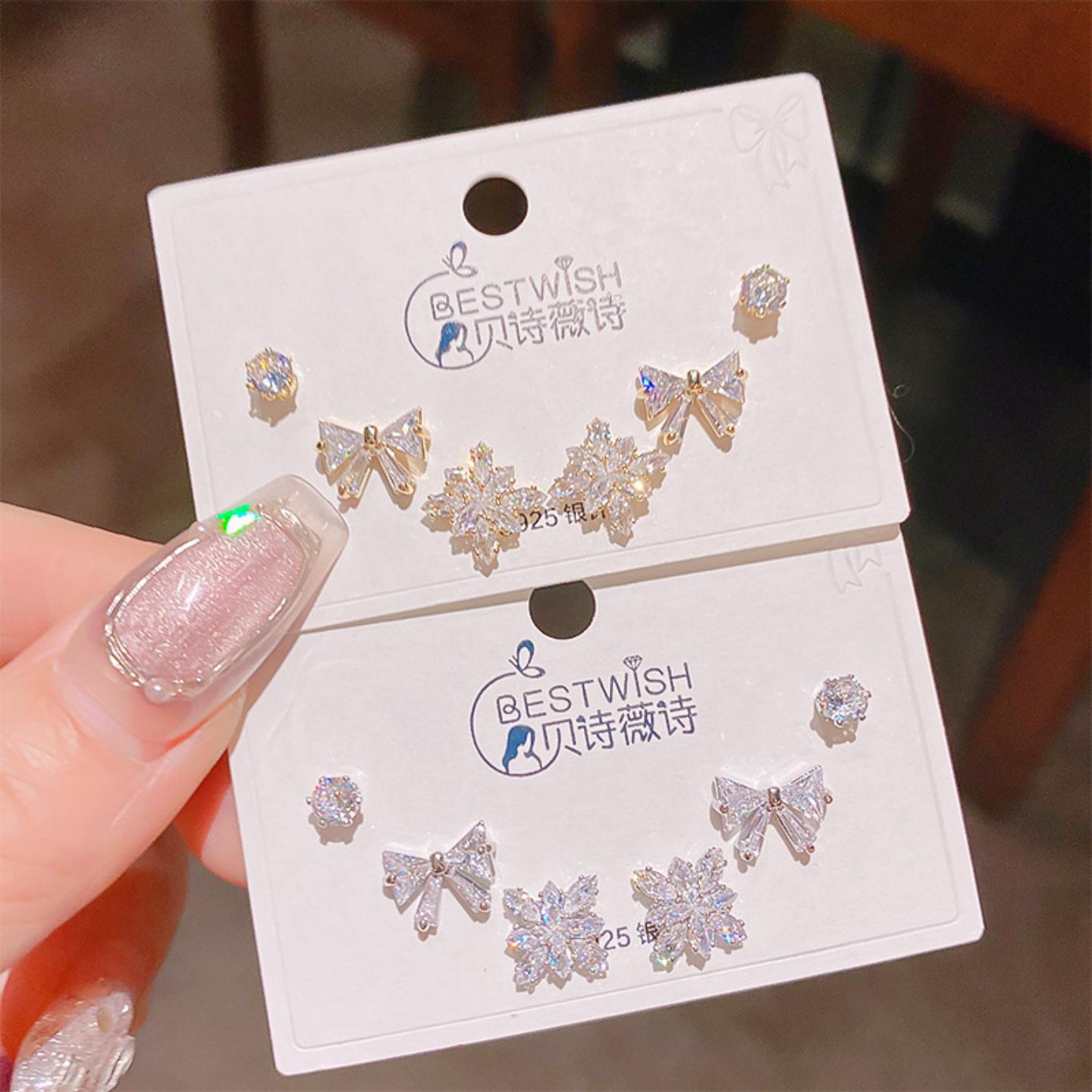 2025银针雪花蝴蝶结锆石小耳钉