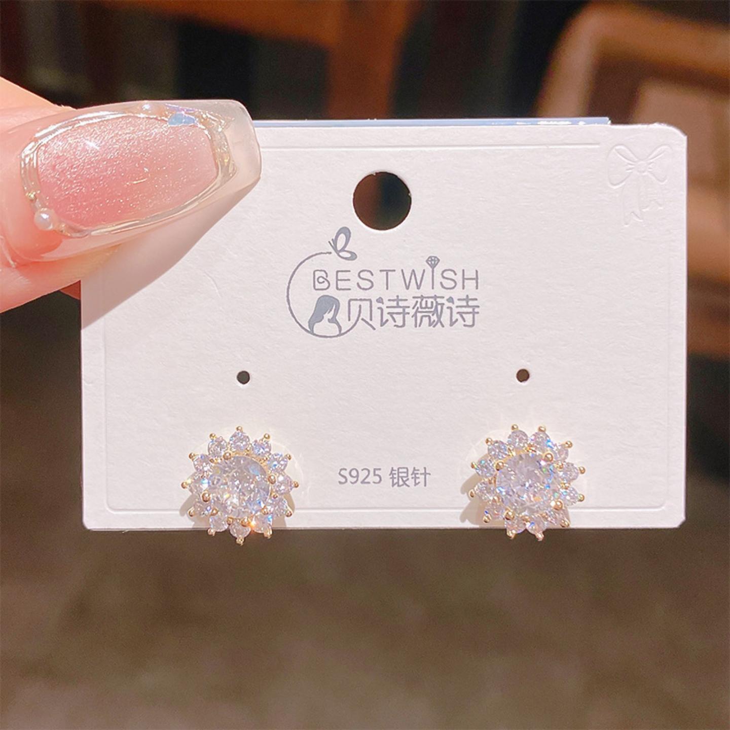 925银针太阳花朵锆石超闪耳钉