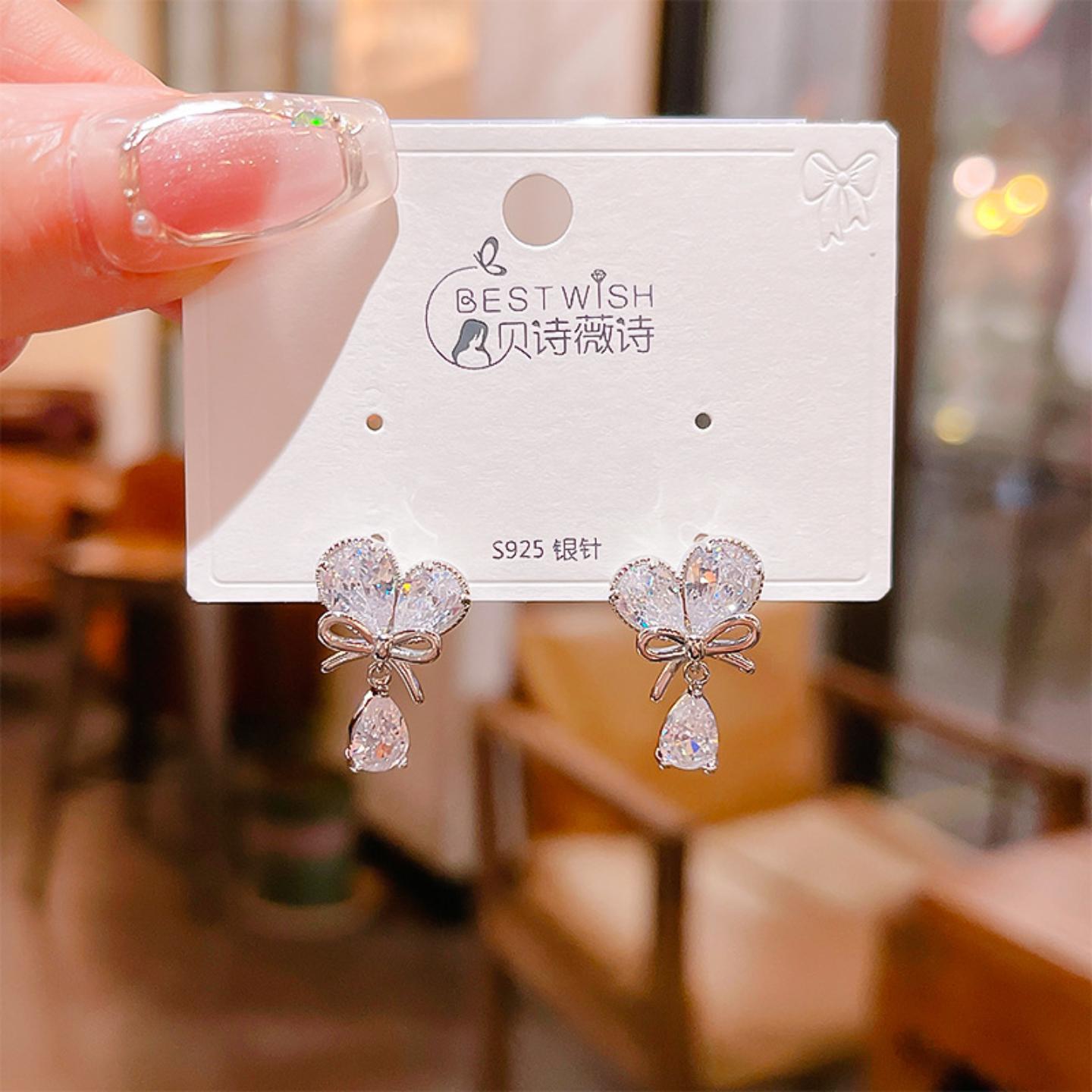 精致银针韩版爱心锆石水滴耳钉女