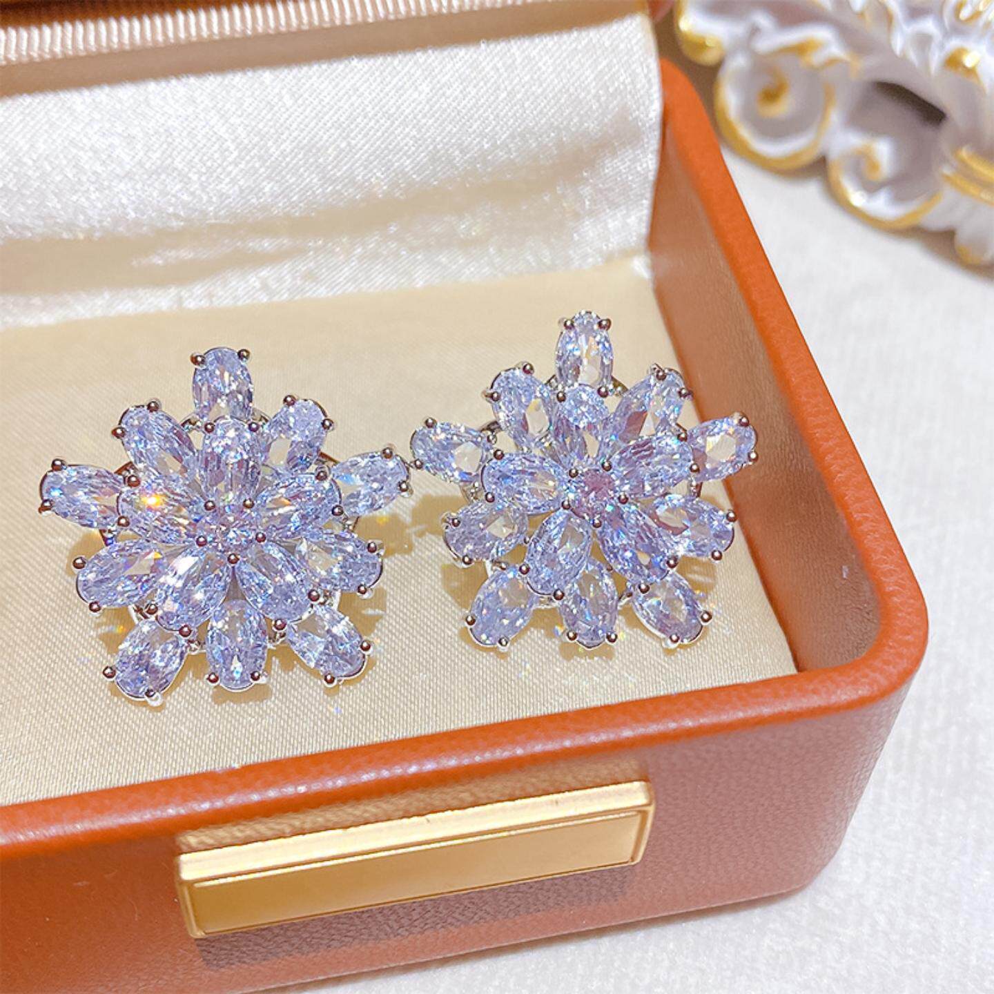 春夏新品雪花火彩锆石花朵耳钉