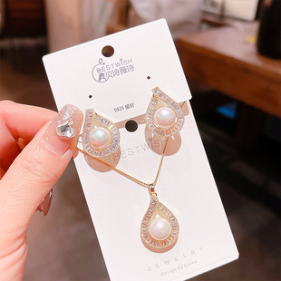 超闪锆石耳环韩国新款轻奢气质精致项链 银针水滴仿大珍珠耳钉
