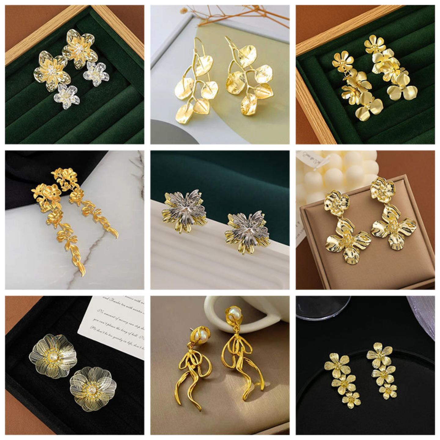 欧美夸张金属叶子花朵耳环高级感