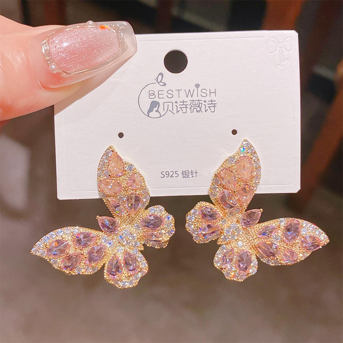 925银针重工蝴蝶真金粉色蝴蝶结