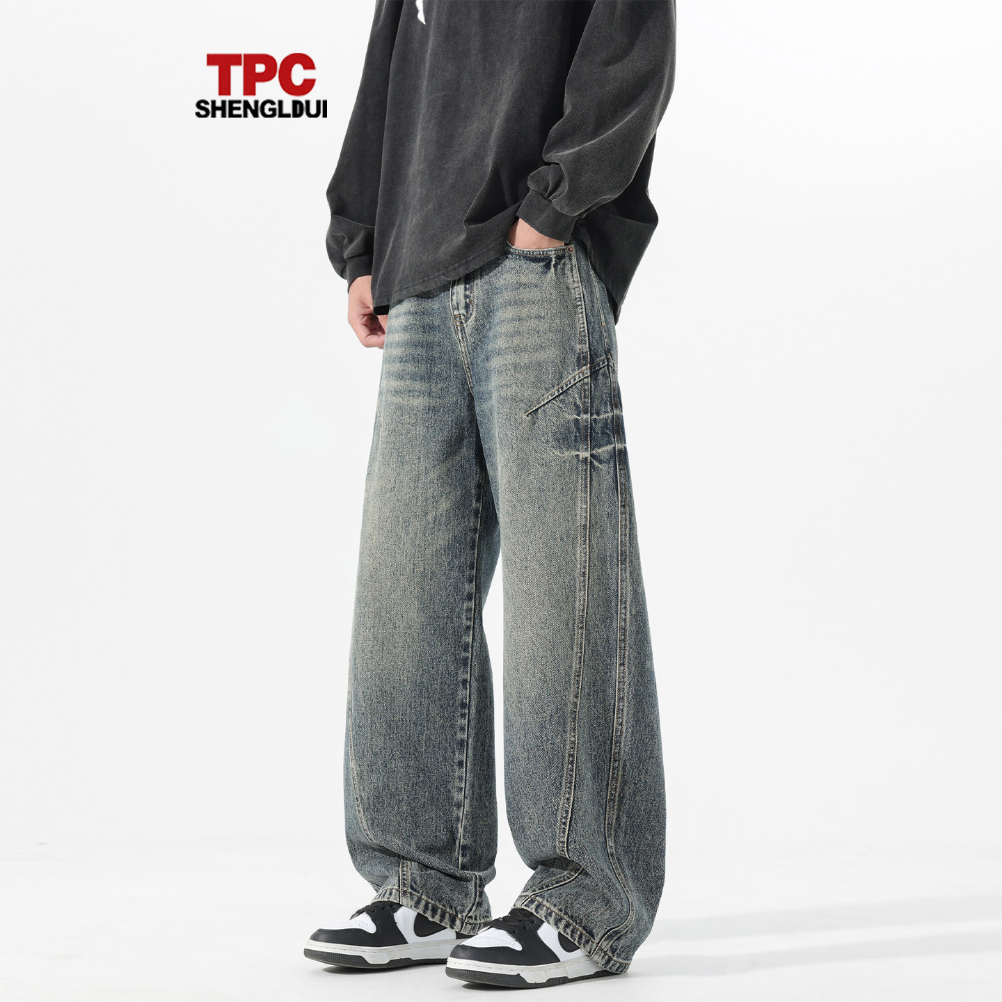 TPC美式复古弯刀牛仔裤男水洗休闲宽松阔腿裤常规显高显瘦长裤