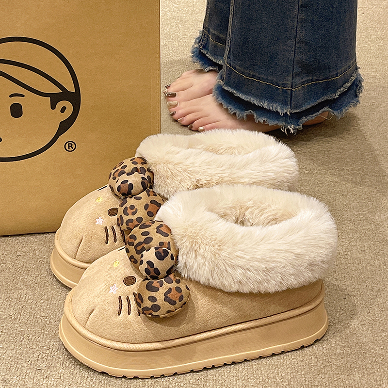 俏绘可爱蝴蝶结猫咪厚底包跟棉鞋