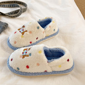 室内居家保暖毛绒防滑学生包跟棉鞋 可爱彩点小狗棉拖鞋 女冬季 外穿