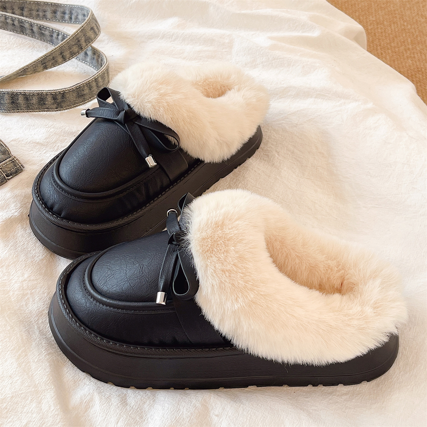 俏绘时尚蝴蝶结防水厚底棉拖鞋