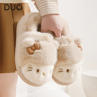 俏绘可爱猫咪厚底保暖包跟棉拖鞋