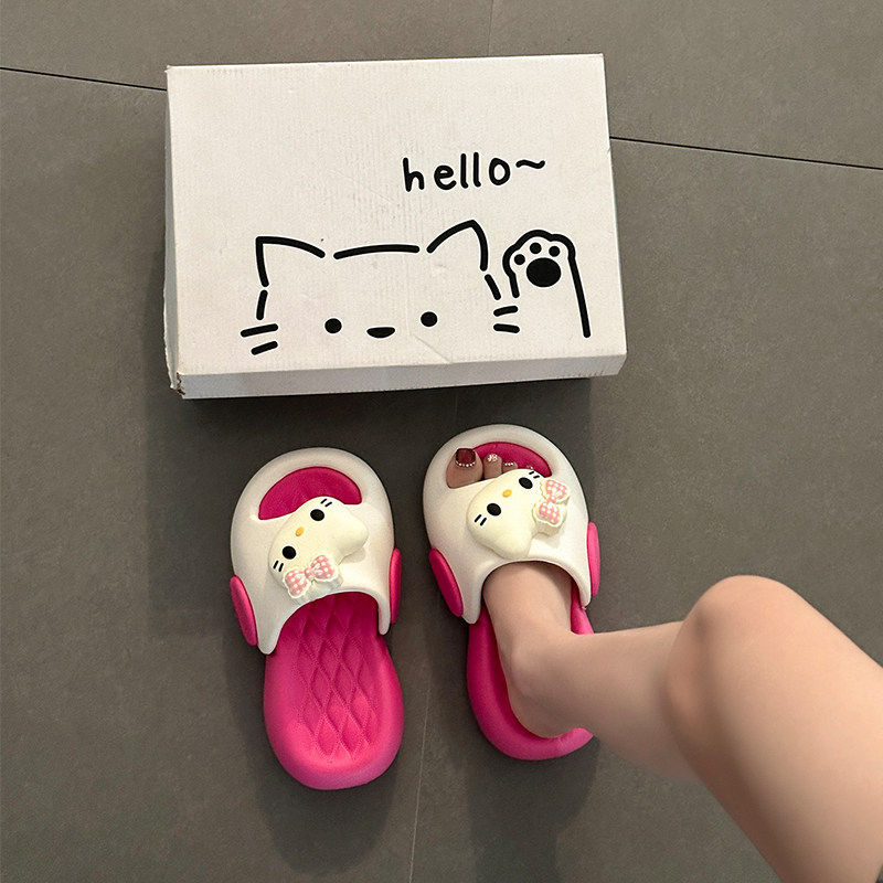 俏绘可爱卡通kt猫拼色厚底一字拖图片