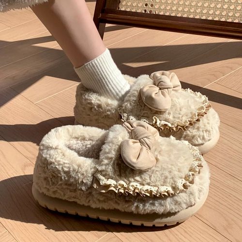 可爱蝴蝶结毛绒保暖包跟棉拖鞋