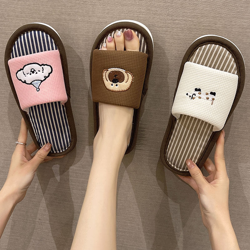 亚麻拖鞋女春秋款可爱卡通刺绣居家室内防滑软底吸汗透气棉麻拖鞋