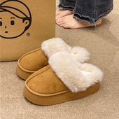 外穿加厚毛绒室内居家保暖防滑包头拖鞋 简约时尚 女冬季 厚底棉拖鞋