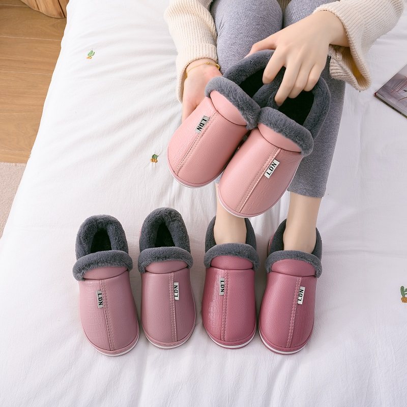 棉拖鞋女冬天家用防水PU皮面包跟家居室内秋冬加绒保暖情侣棉鞋男