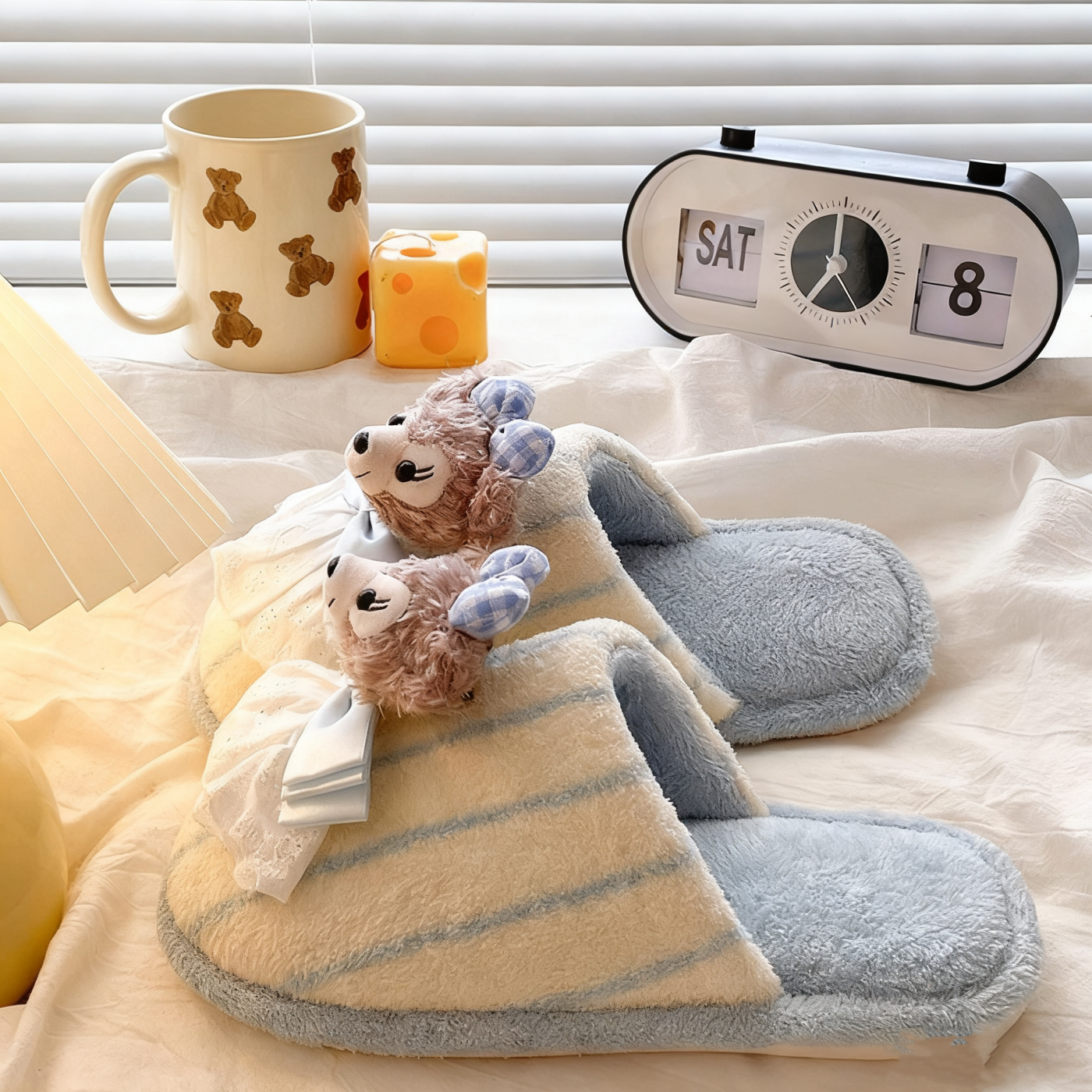 毛绒保暖蝴蝶结小熊条纹棉拖鞋