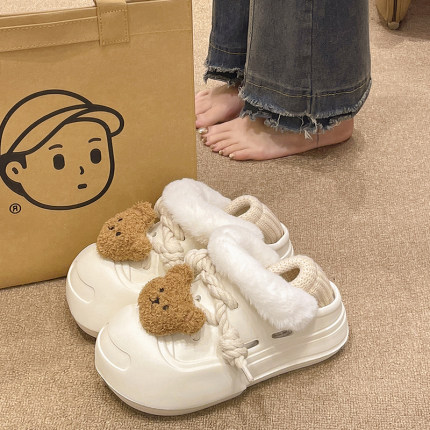 可爱小熊加绒洞洞鞋女款冬季室内外穿包跟厚底防滑保暖可拆卸棉鞋