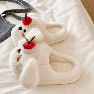 学生居家防滑厚底保暖毛绒包头棉拖鞋 可爱苹果小狗毛毛拖鞋 女冬季