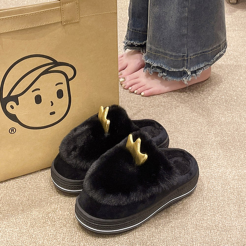 时尚厚底增高跟毛绒棉拖鞋