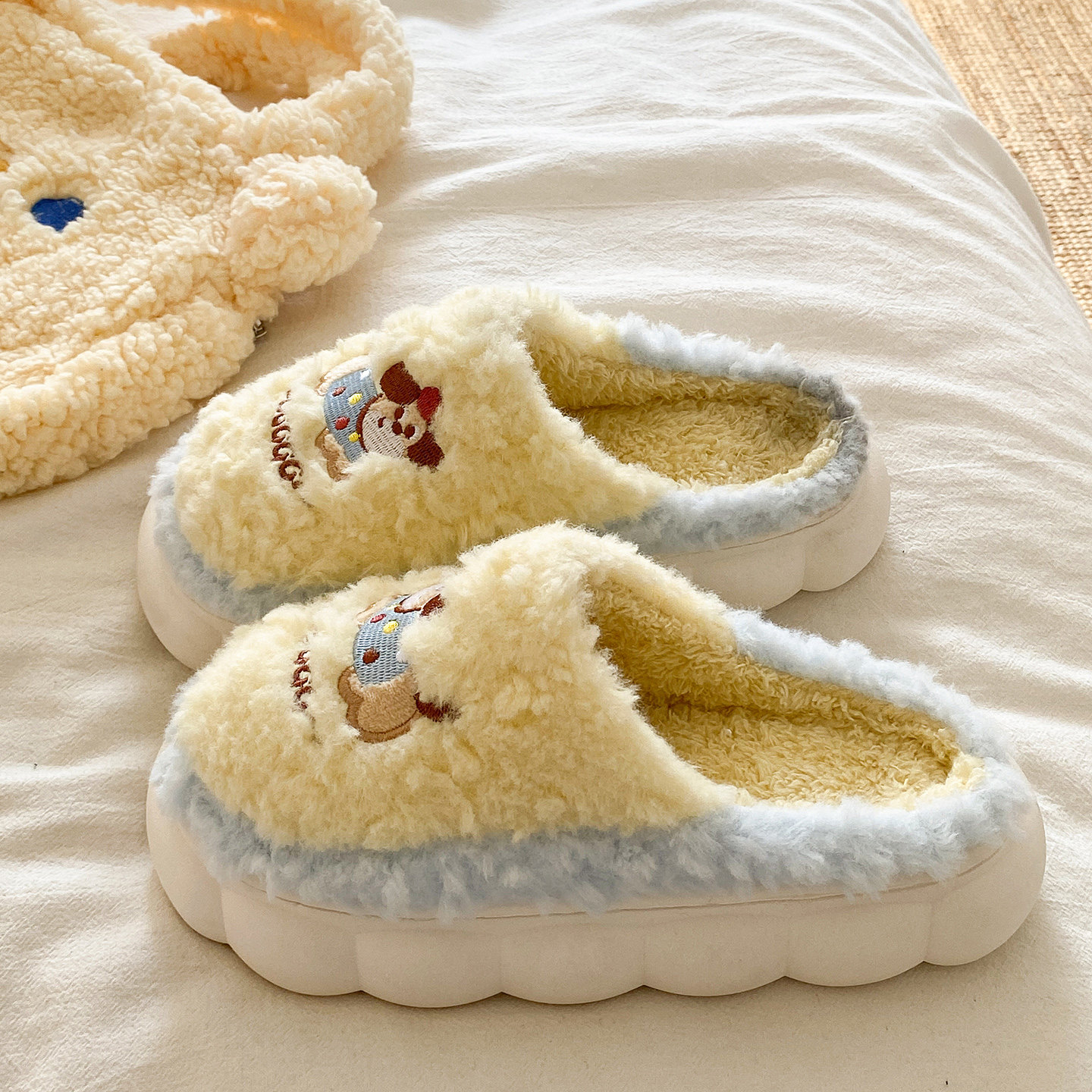 可爱派对小狗毛毛拖鞋女冬季加绒保暖室内外穿厚底防滑包头棉拖鞋,女鞋,毛毛鞋,淘宝优惠券,粉丝福利购,淘宝优惠卷