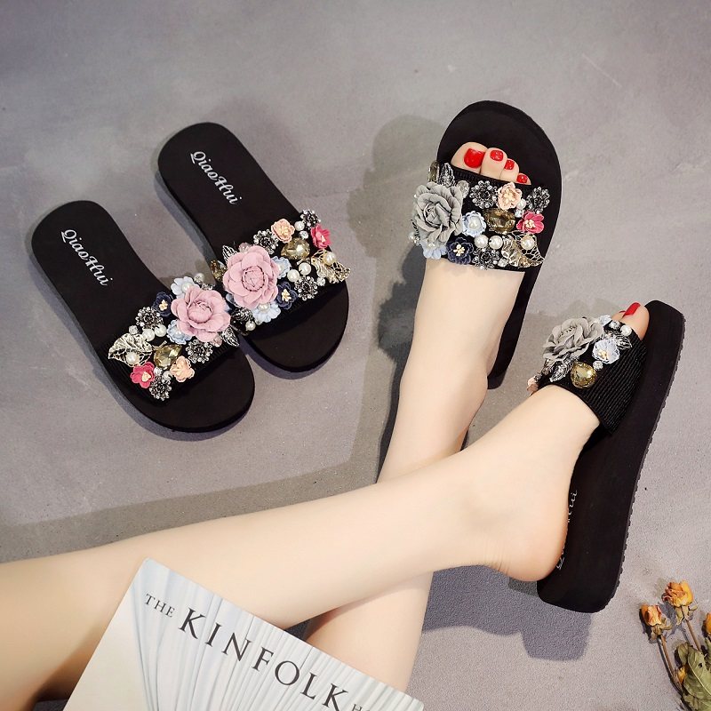 水钻凉拖鞋女夏时尚外穿度假沙滩鞋女百搭海边坡跟厚底一字拖平底,女鞋,一字拖,淘宝优惠券,粉丝福利购,淘宝优惠卷