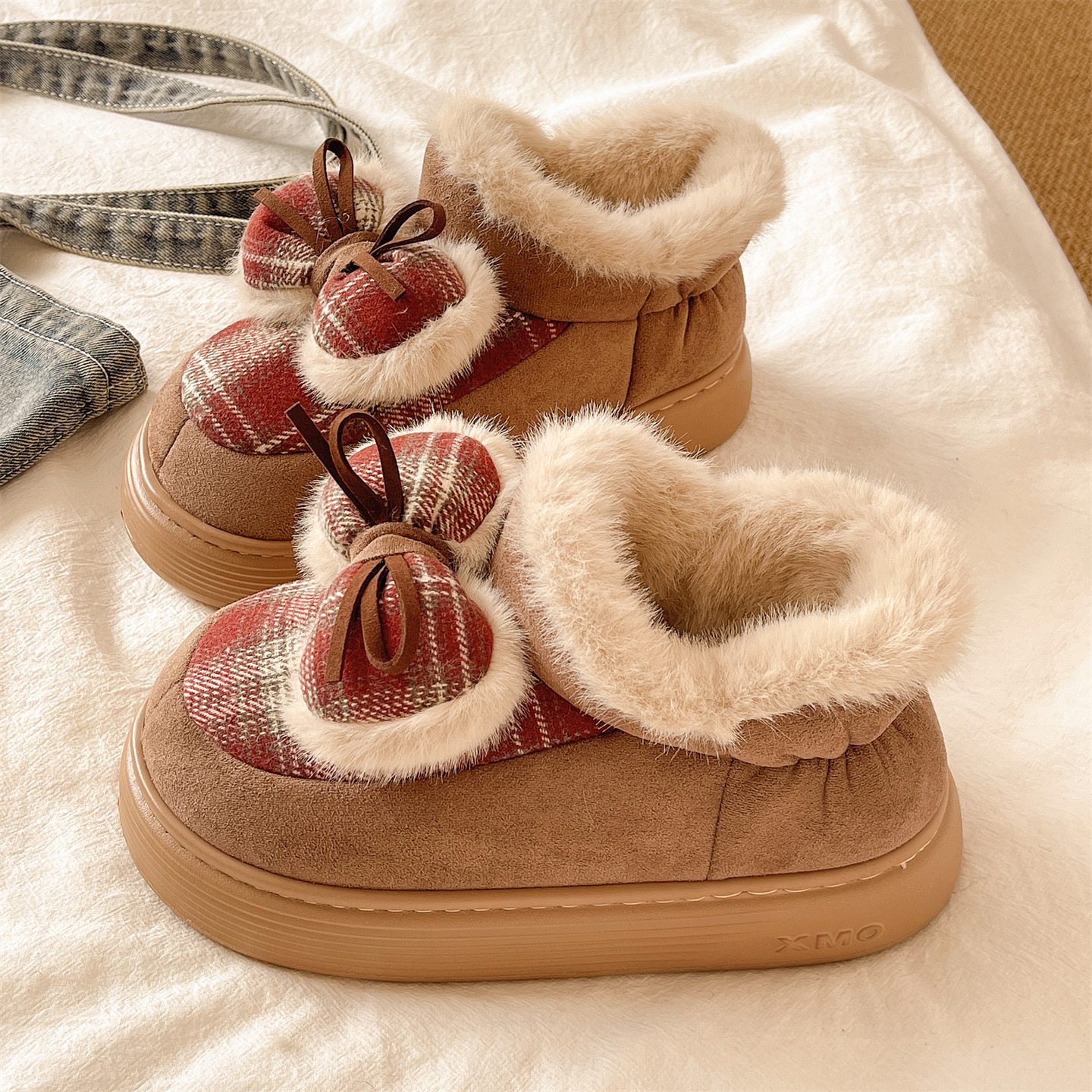 俏绘可爱格子蝴蝶结厚底包跟棉鞋