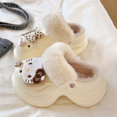 俏绘可爱猫咪厚底包头洞洞棉拖鞋