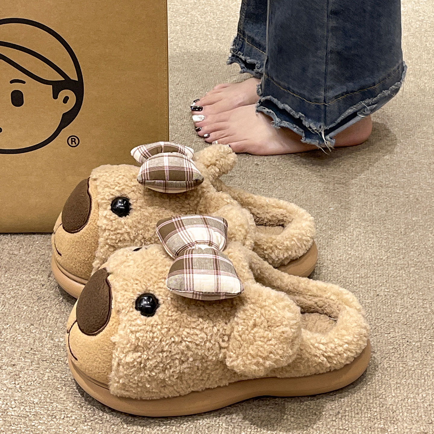 可爱卡通小熊毛毛拖鞋，居家外穿都可以