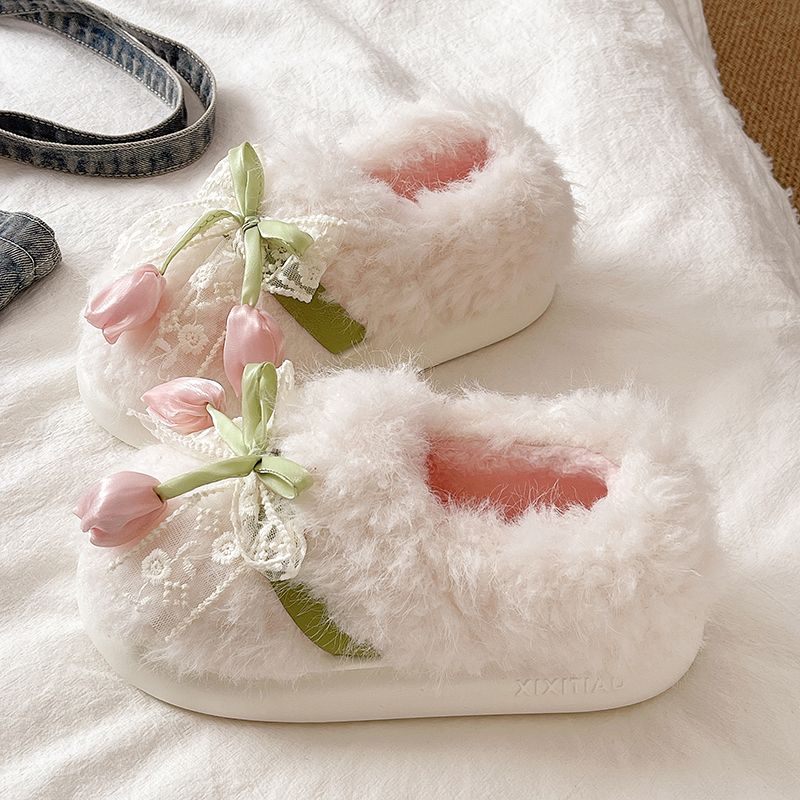 俏绘法式郁金香蕾丝包跟棉拖鞋