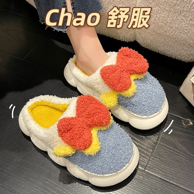 厚底拼色高跟蝴蝶结防水棉拖鞋
