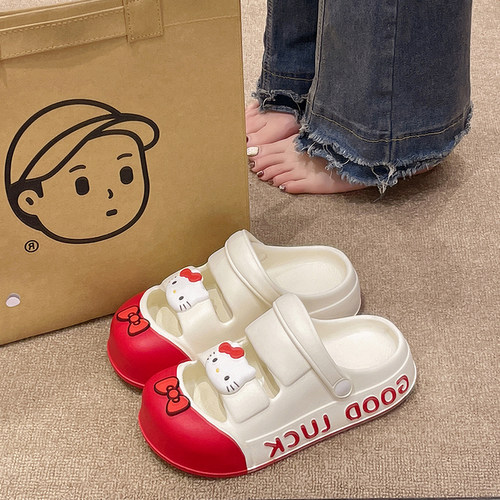 可爱猫咪拼色包头厚底洞洞鞋