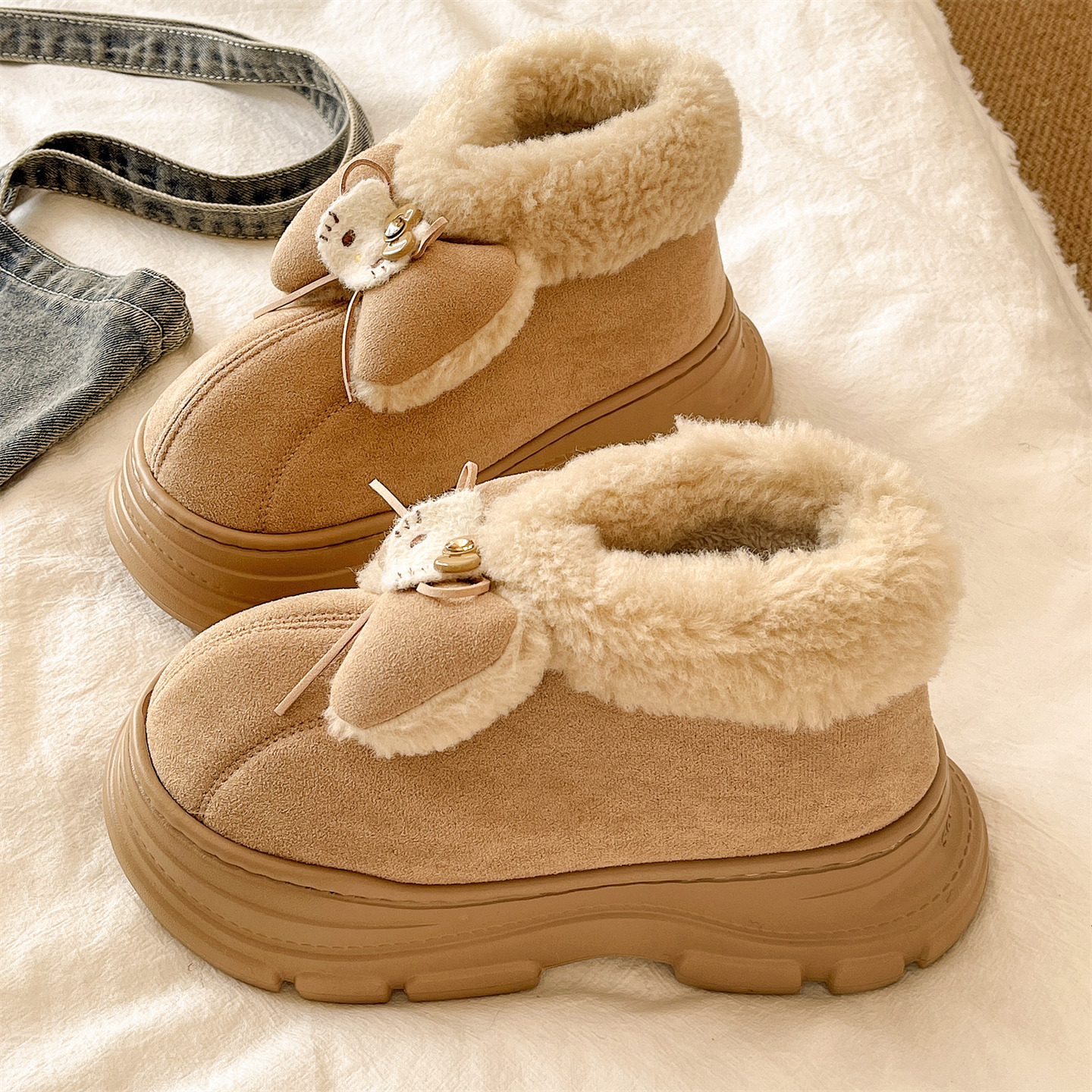 俏绘可爱猫咪蝴蝶结厚底包跟棉鞋