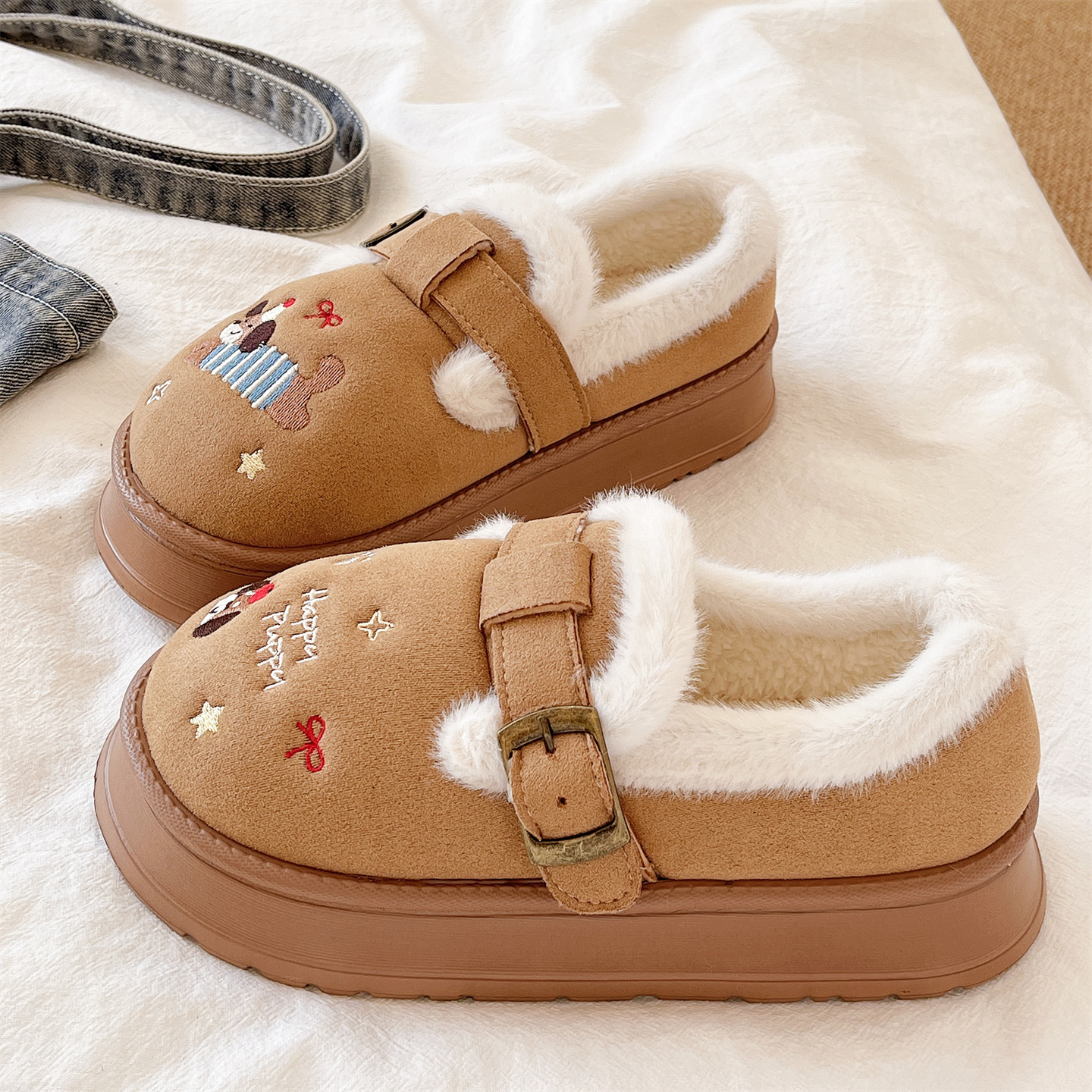 俏绘可爱刺绣小狗厚底包跟棉拖鞋