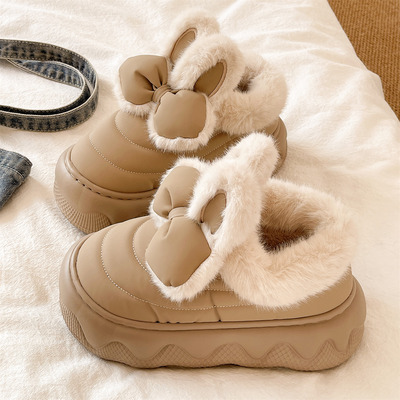 俏绘可爱蝴蝶结厚底包跟棉拖鞋