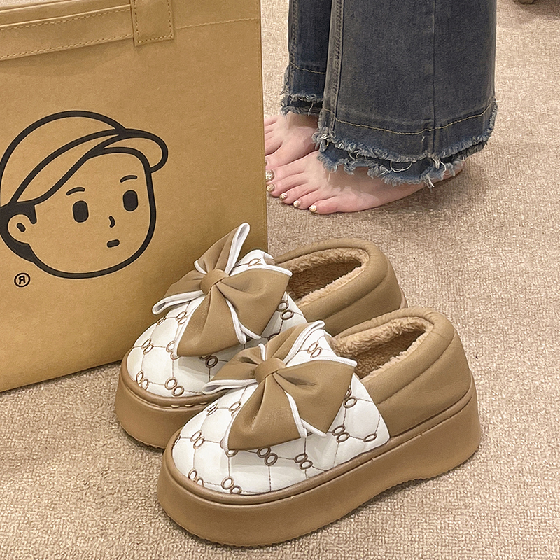 可爱蝴蝶结防水包跟棉拖鞋