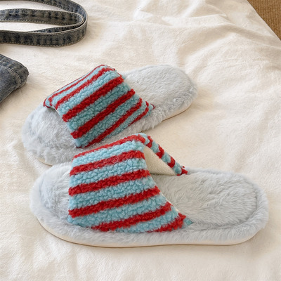 俏绘时尚条纹一字开口保暖棉拖鞋