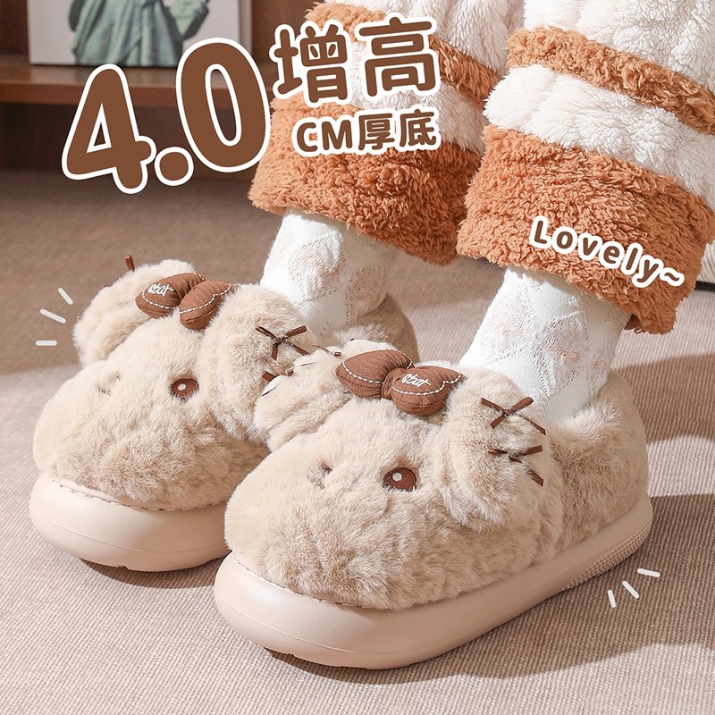加绒保暖卡通可爱蝴蝶结小熊棉鞋