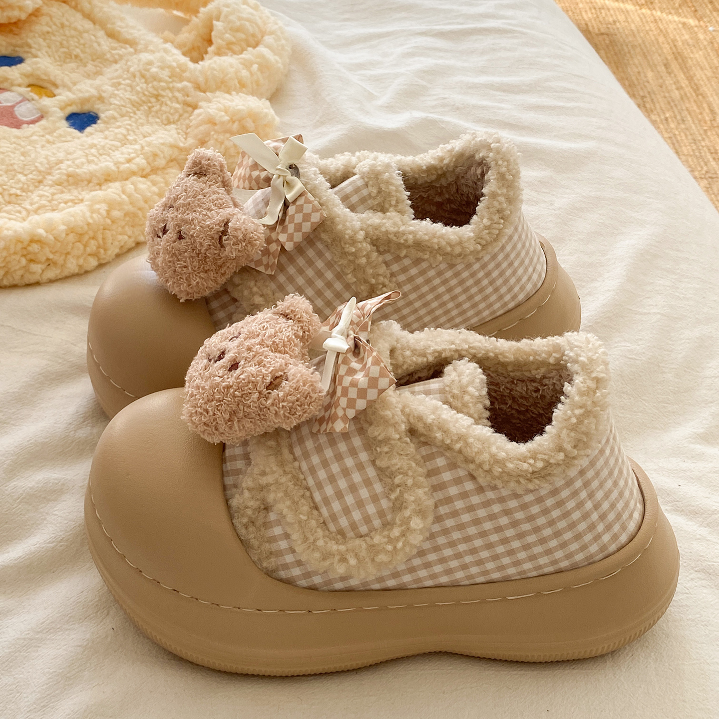 可爱蝴蝶结小熊加绒保暖包跟棉鞋