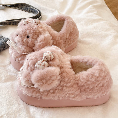 俏绘可爱蝴蝶结小狗包跟棉拖鞋