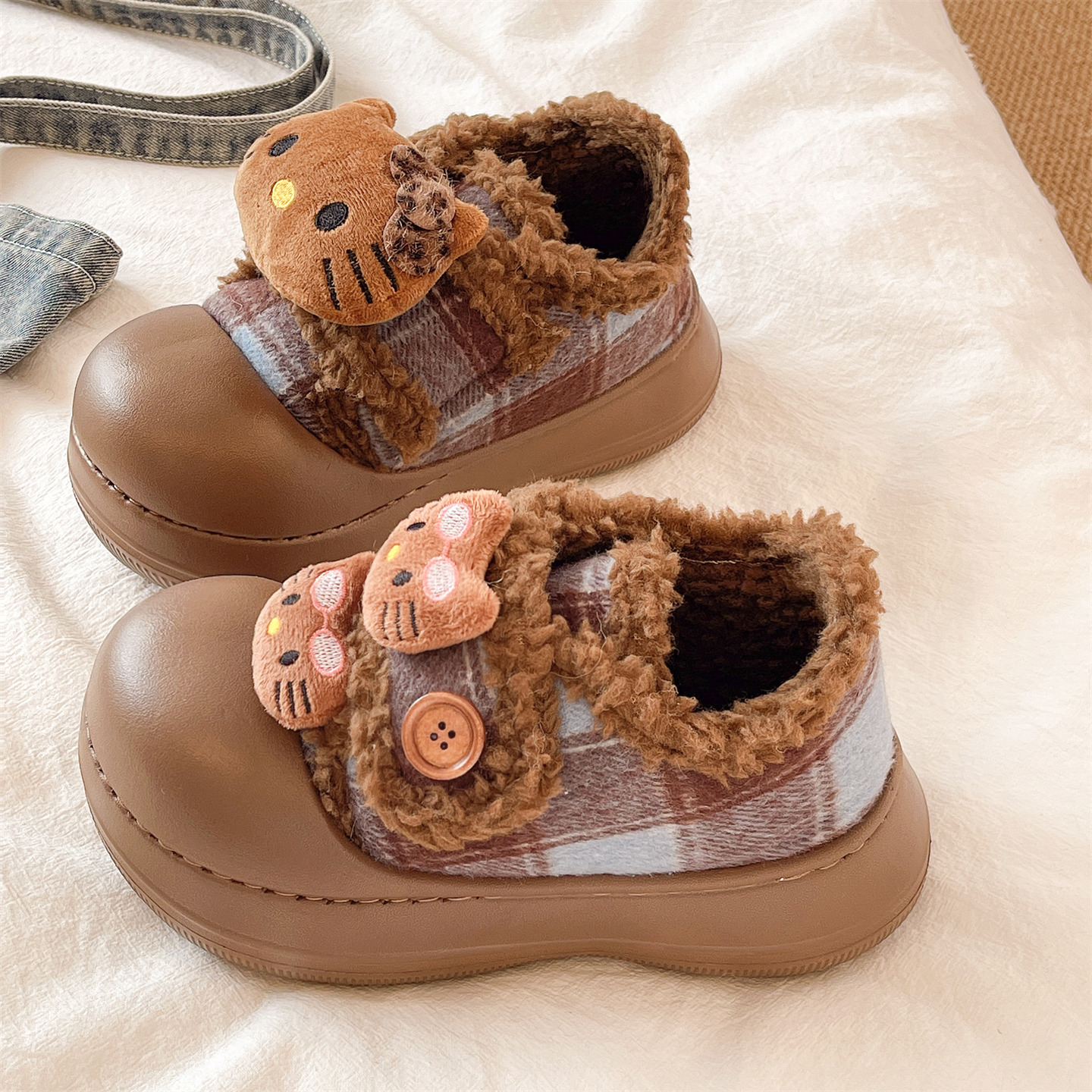 俏绘卡通可爱猫咪厚底包跟棉鞋