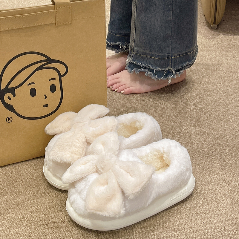 可爱蝴蝶结毛绒包跟棉拖鞋