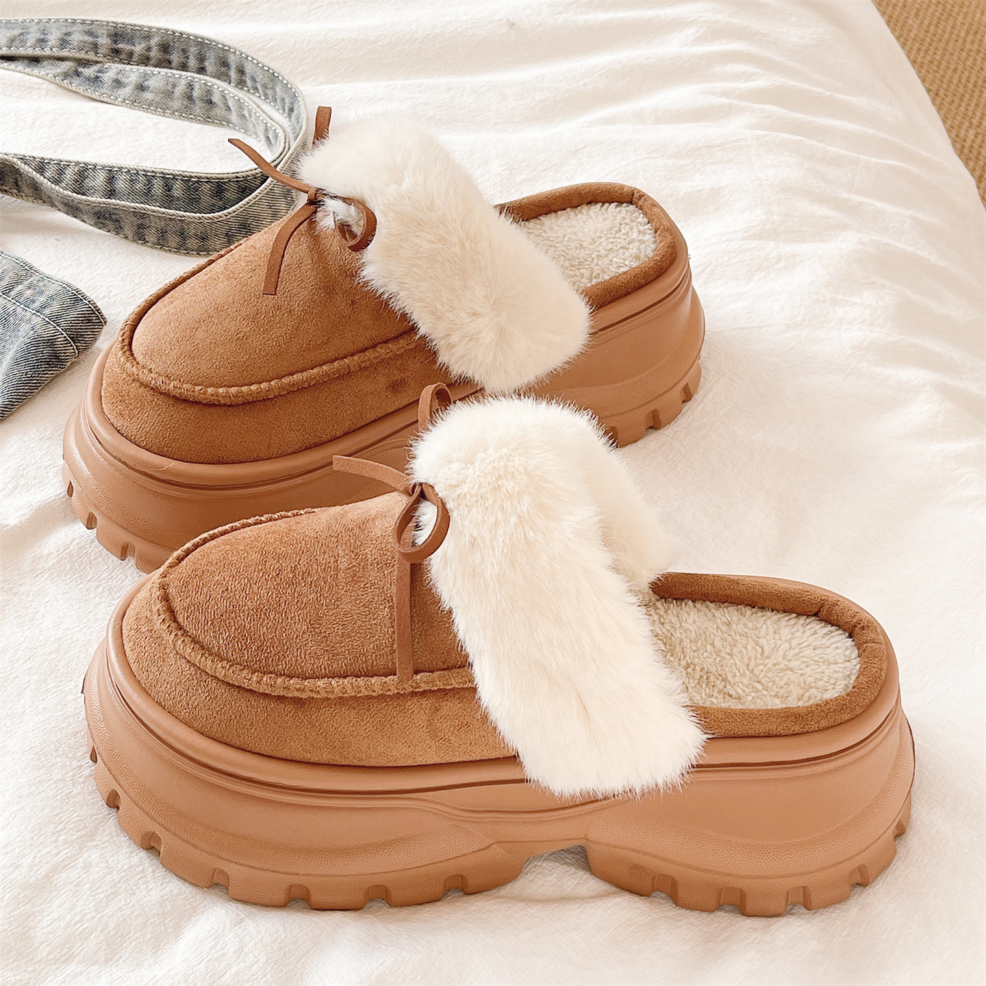 俏绘可爱蝴蝶结厚底高跟棉拖鞋