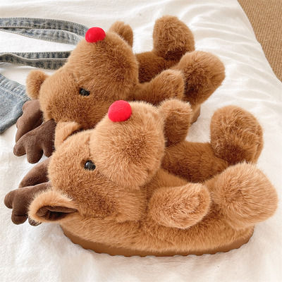 俏绘可爱麋鹿厚底保暖包跟棉拖鞋