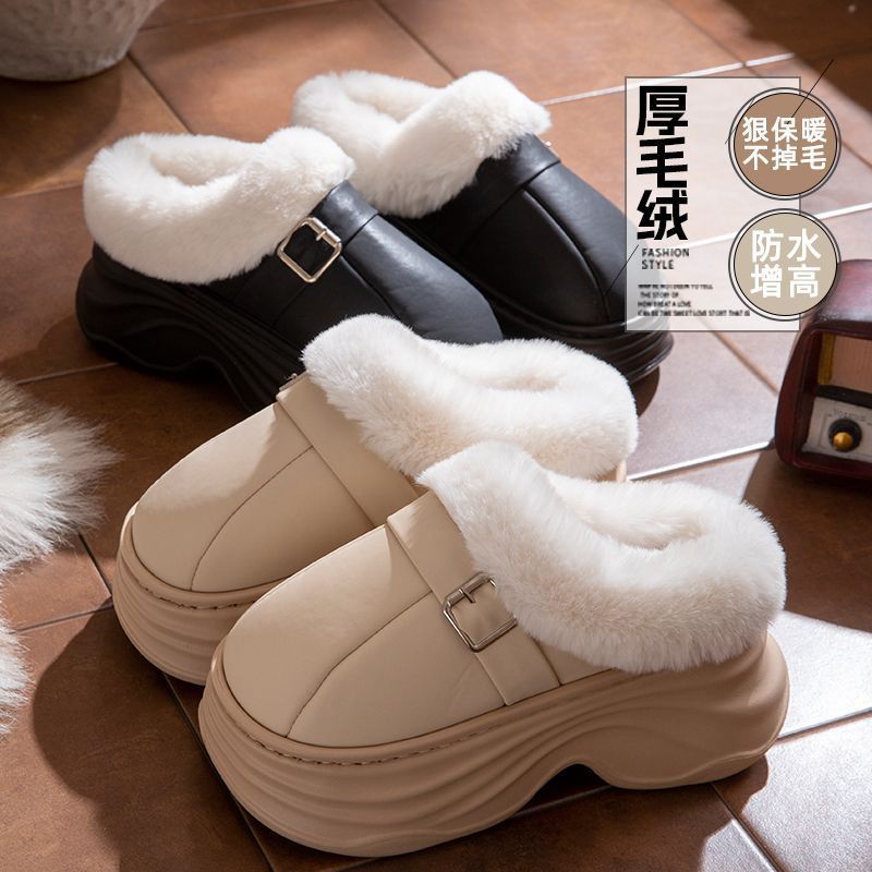 俏绘厚底增高跟保暖防水棉拖鞋