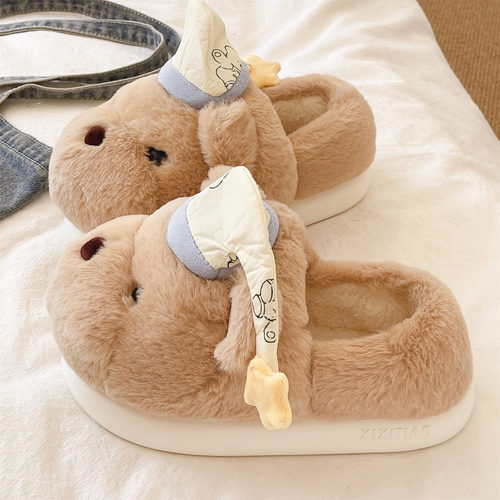 俏绘可爱帽子小熊厚底包跟棉鞋