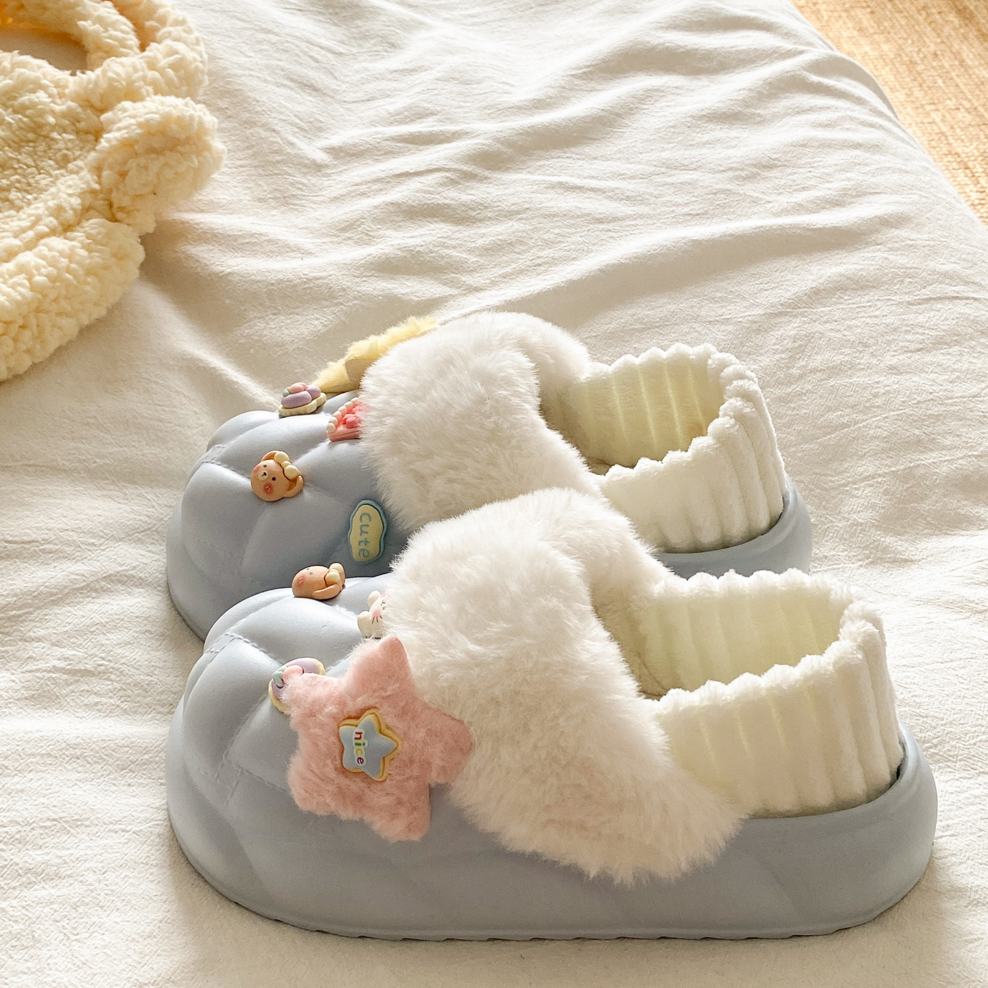 俏绘厚底可爱毛毛厚底包跟棉拖鞋